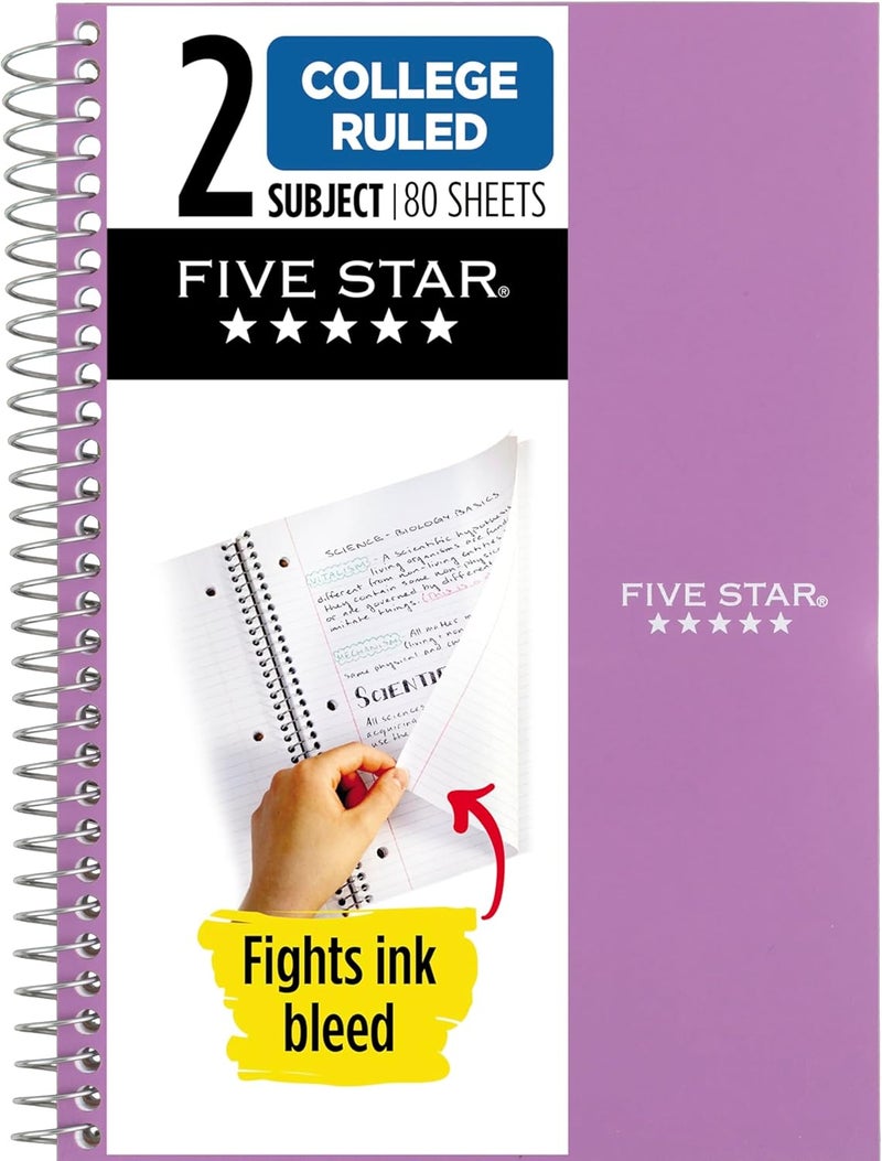 Five Star Spiral Notebook, 2 Subject, College Ruled Paper, 6" x 9-1/2", 80 Sheets, Fights Ink Bleed, Water Resistant Cover, Amethyst Purple (840029CF1-ECM) - Image 1
